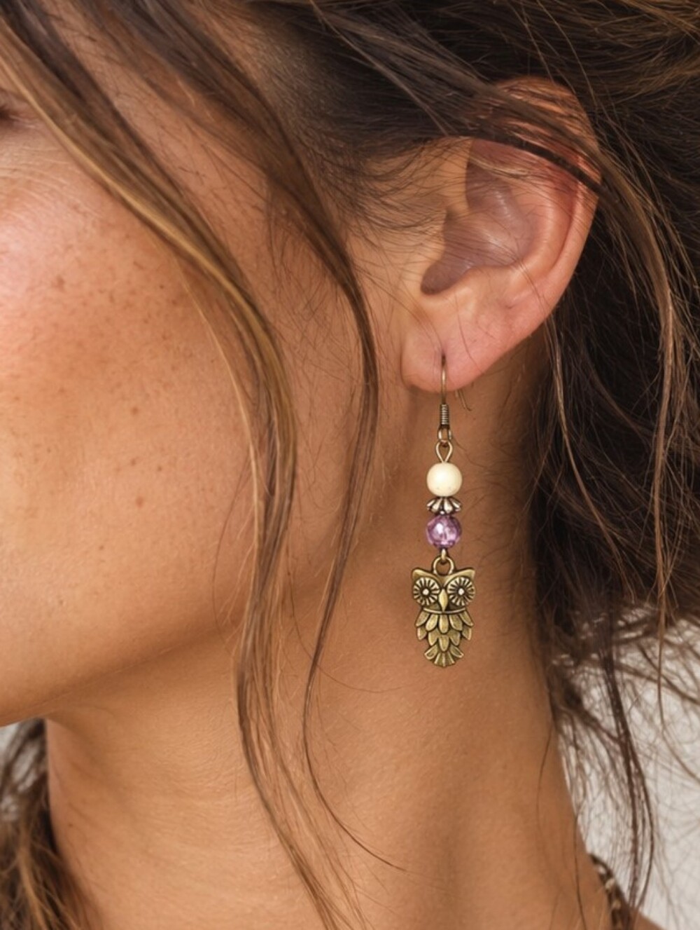 One Only!! Handmade Boho Rustic Bronze Owl Earrings